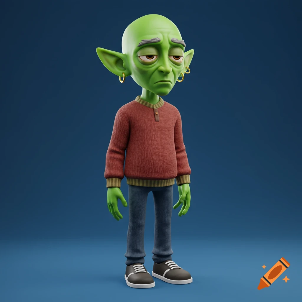 3D render of a stylized green character with pointed ears wearing a sweater and jeans