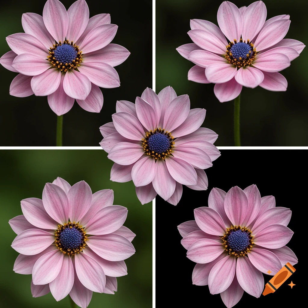Five close-up views of a pink flower with a blue and yellow center
