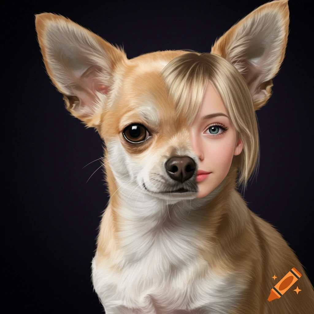 Chihuahua head with half replaced by a girl's face with blonde hair.