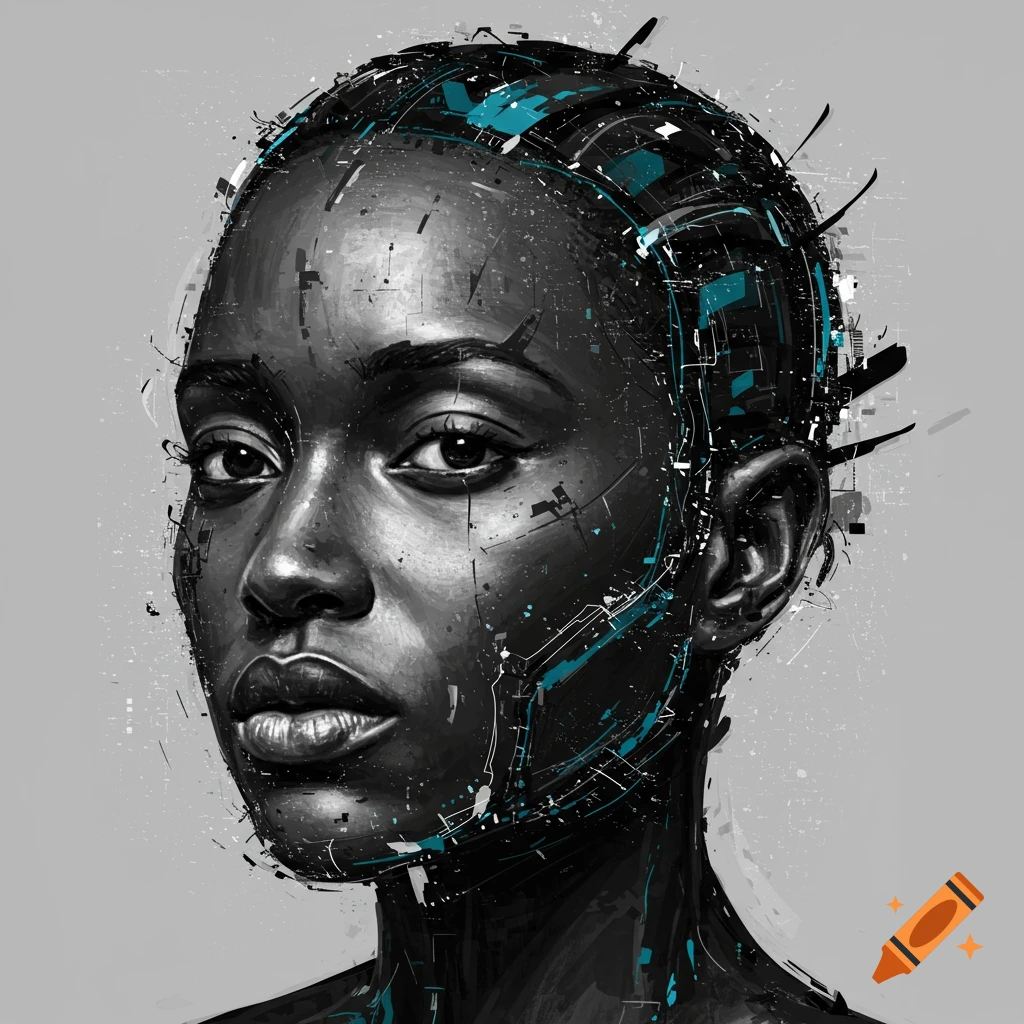 Digital art portrait of a person with technological fragments.