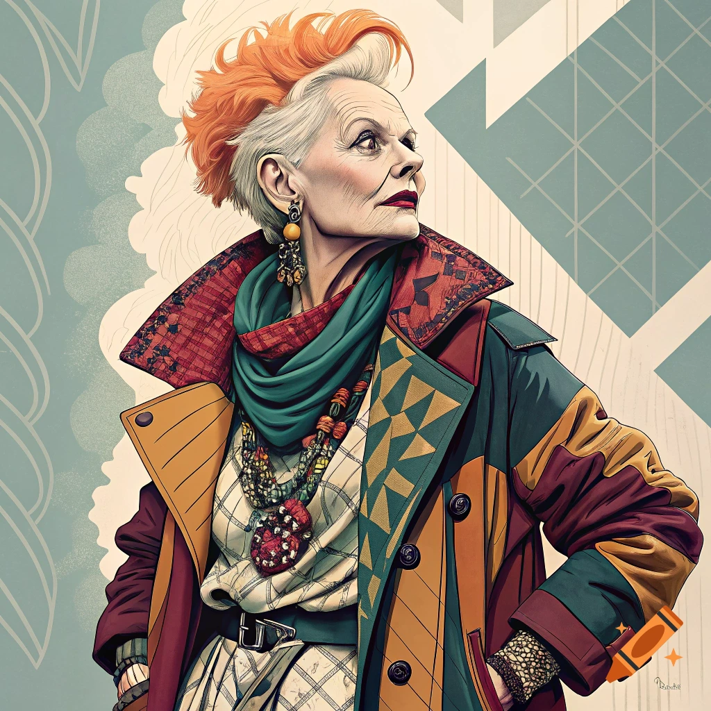 Stylized illustration portrait of a woman with spiky orange and gray hair wearing a colorful patterned coat, scarf, and necklaces.