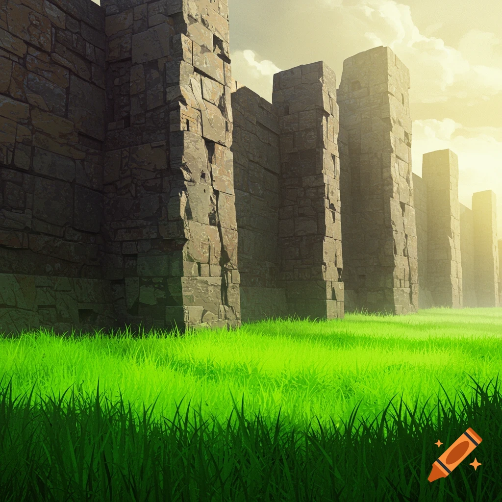 Massive stone walls towering over bright green grass under a bright sky.