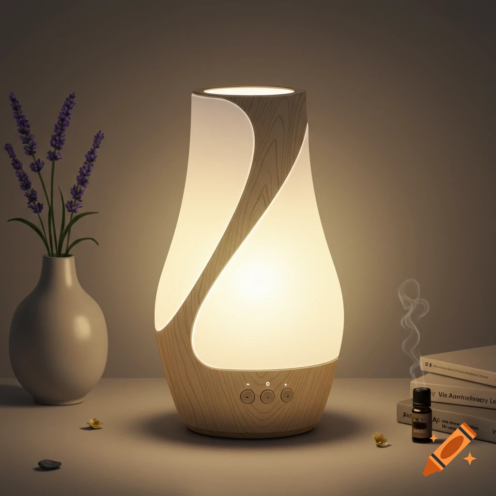 Minimalist wooden lamp with soft light, next to a vase of lavender, books, and an essential oil bottle.