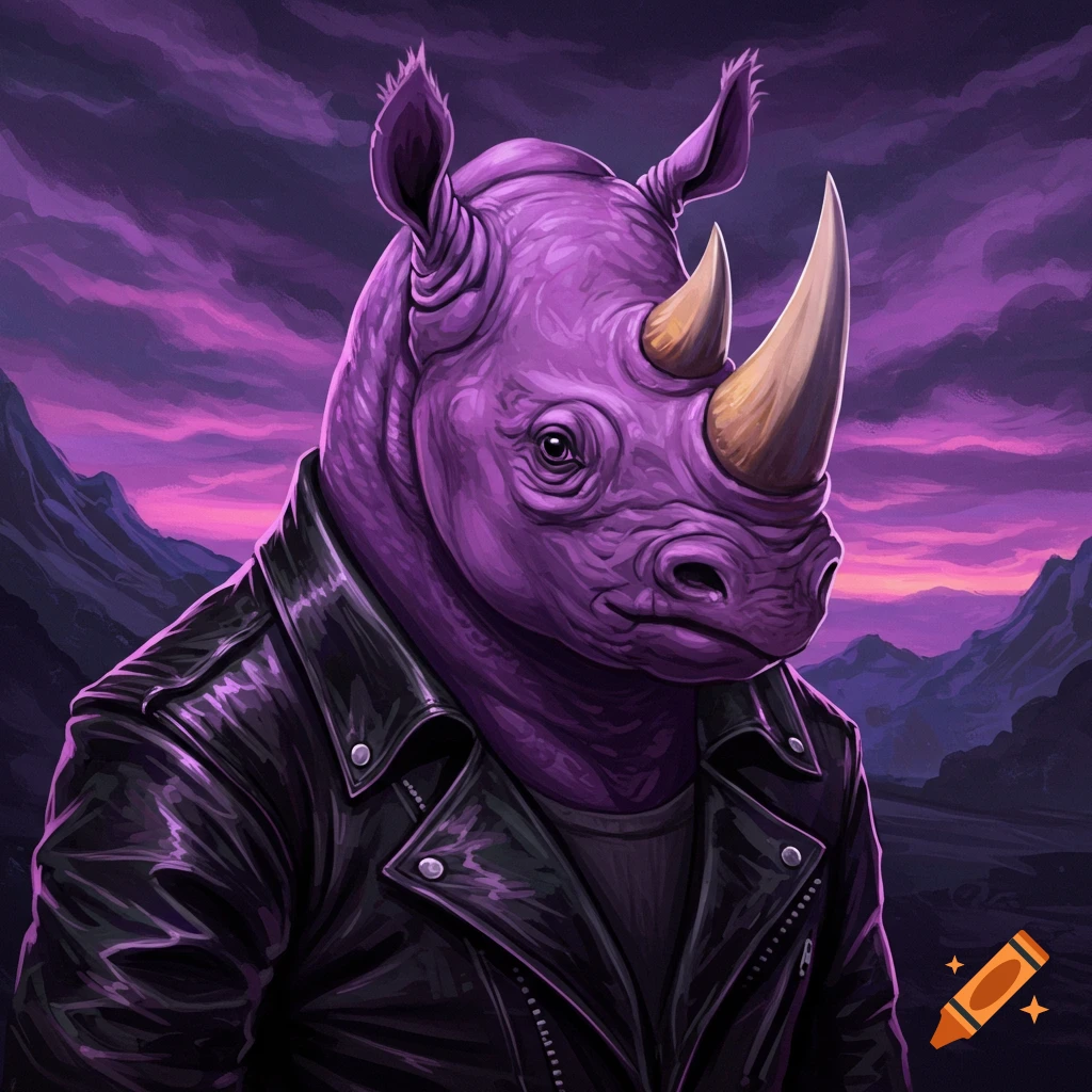 A purple rhino wearing a black leather jacket stands in a stylized purple mountain landscape.