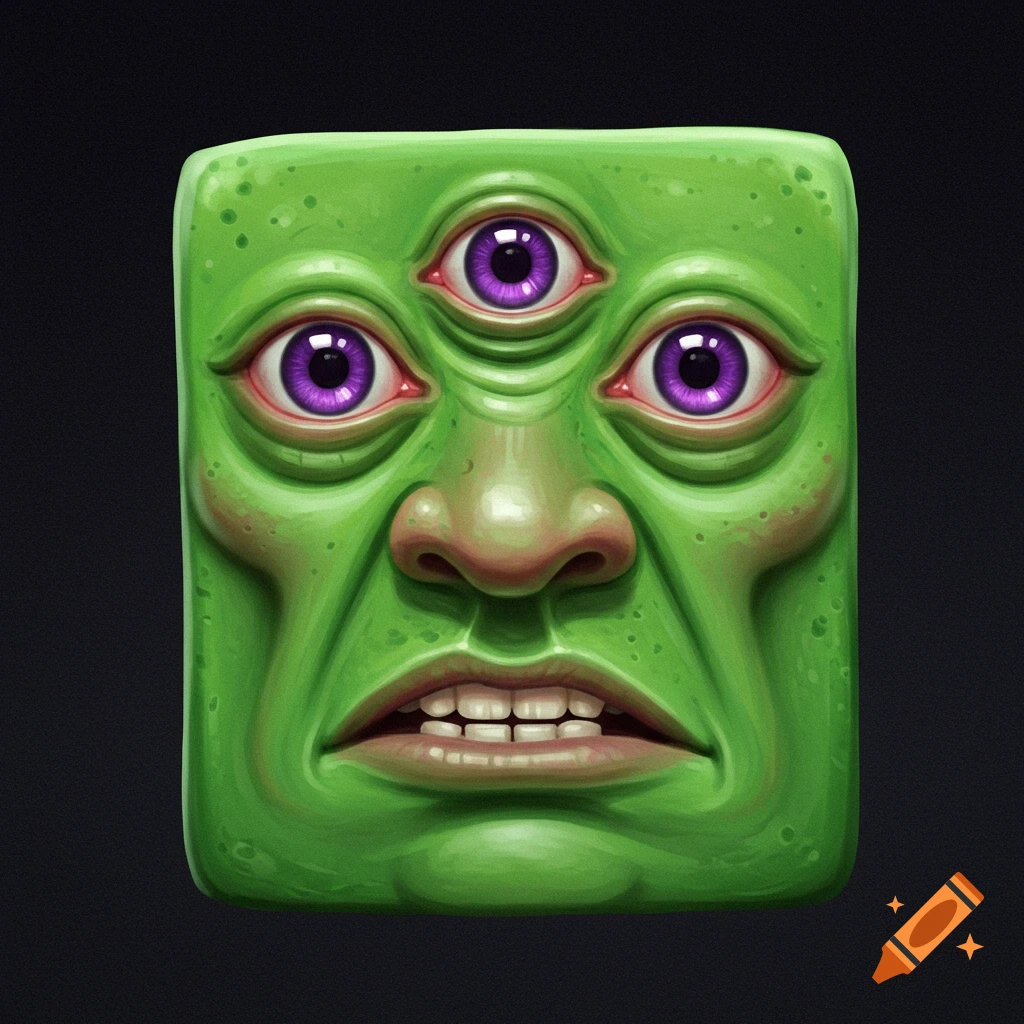A green square creature face with three purple eyes and a big nose.