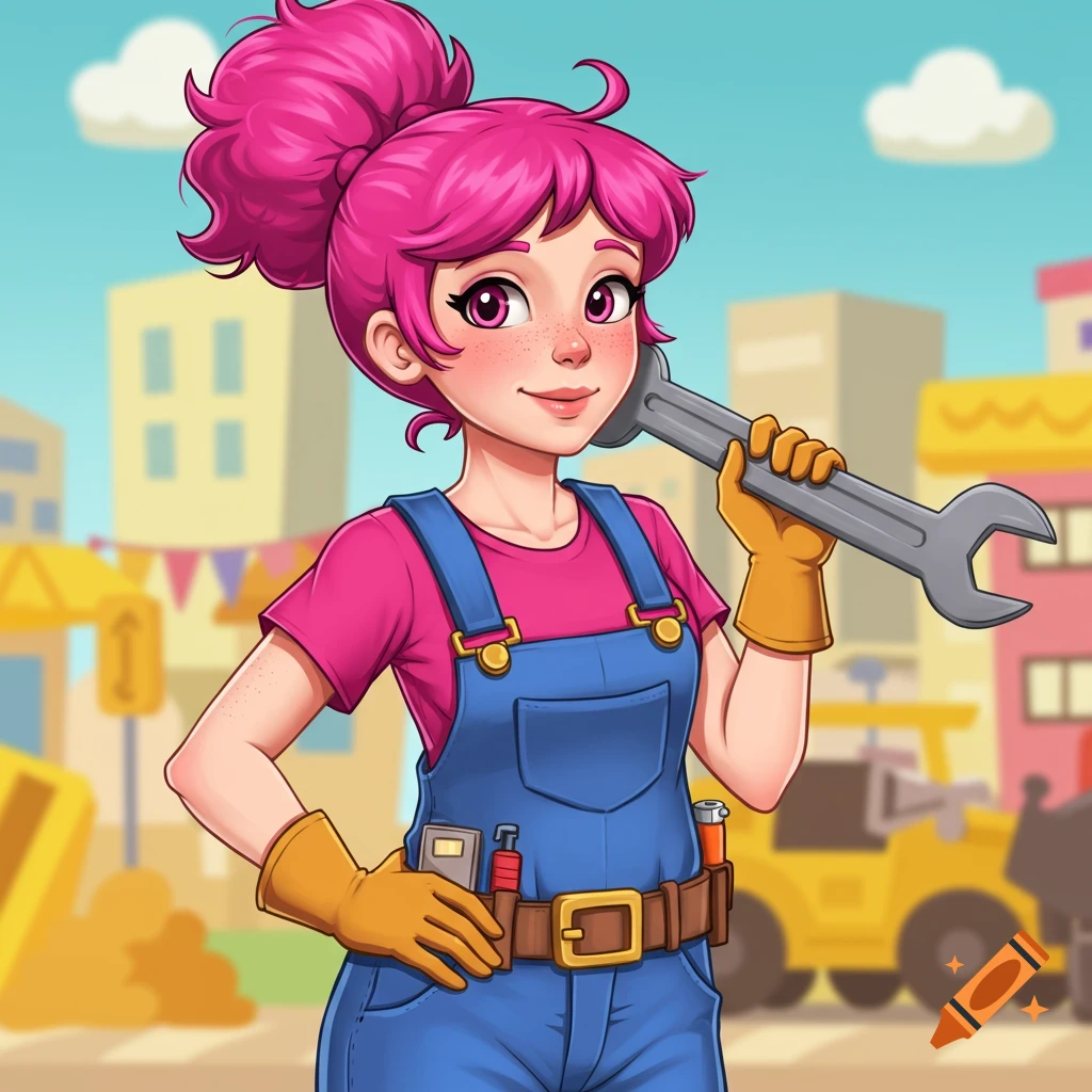 Cartoon woman with pink hair in overalls holding a wrench in a construction scene.
