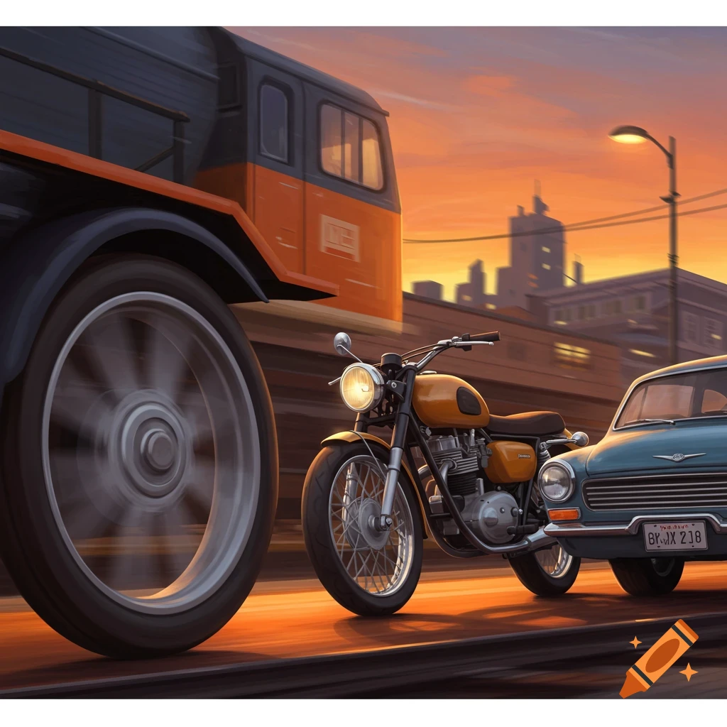 Train wheel, motorcycle, and car in motion in an urban scene at sunset.