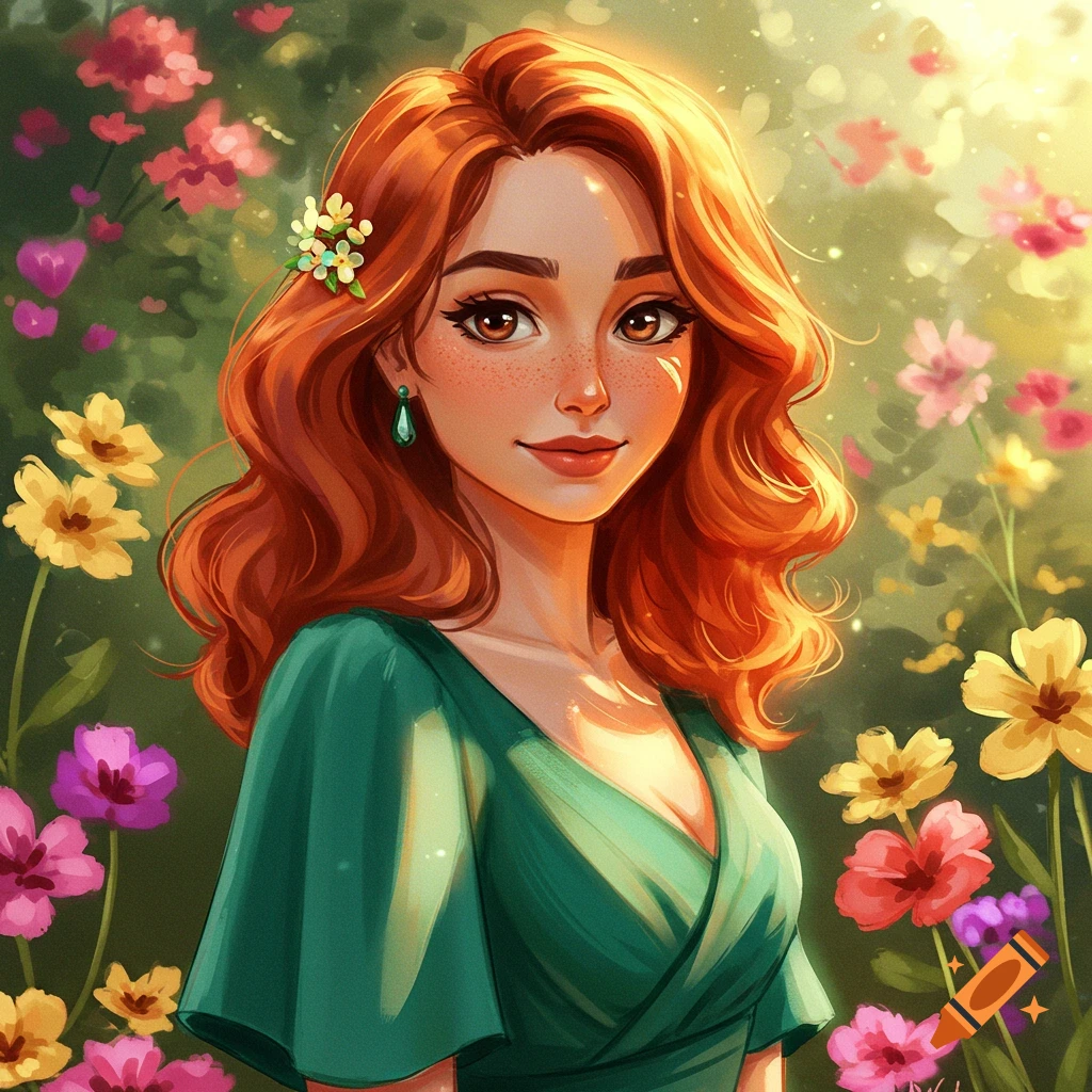 Illustration of a red-haired woman with freckles in a green dress surrounded by flowers.