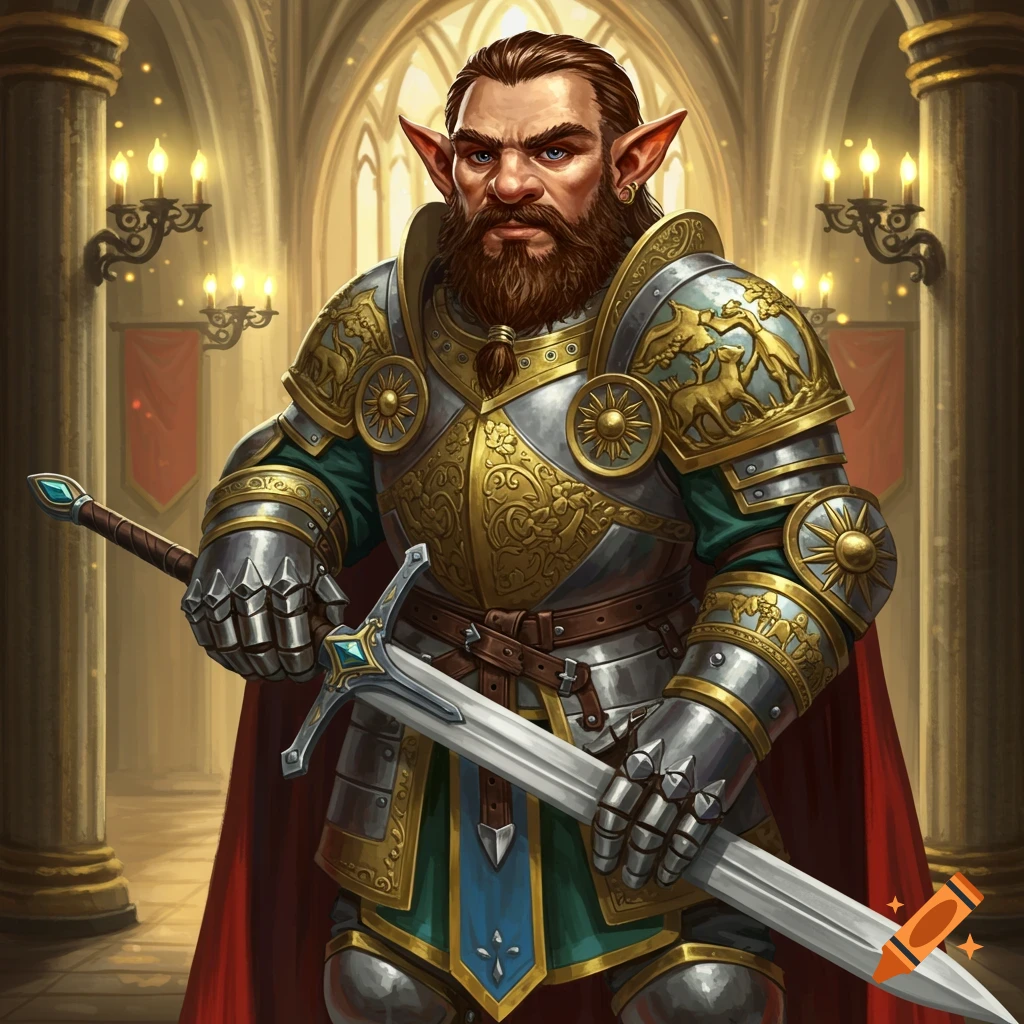 A fantasy paladin character with pointed ears and a beard wears ornate plate armor and holds a sword in a large hall.