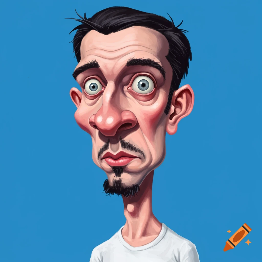 Caricature of a man with large eyes, bulbous nose, thin neck, and goatee against a blue background.