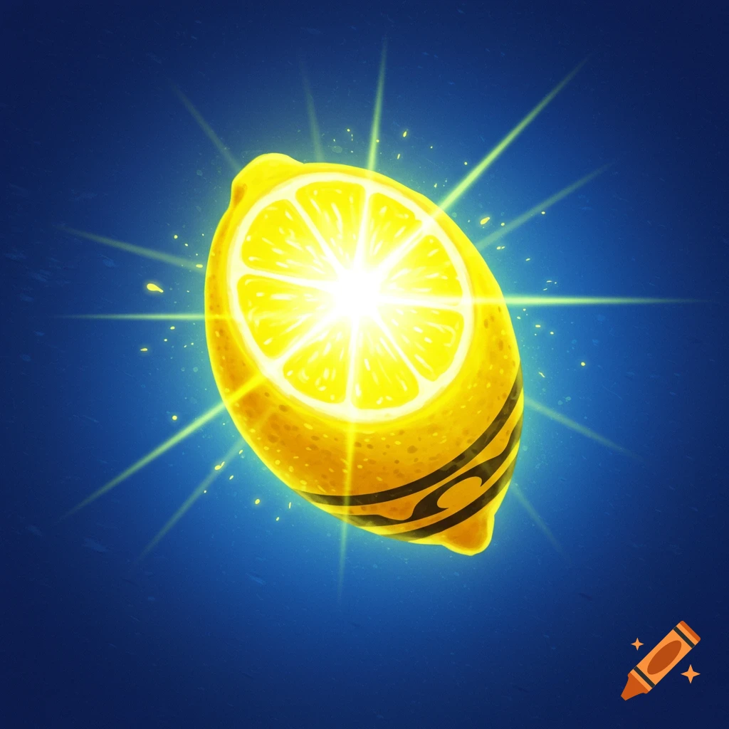 A stylized yellow lemon with a glowing center and light rays on a blue background, digital art.