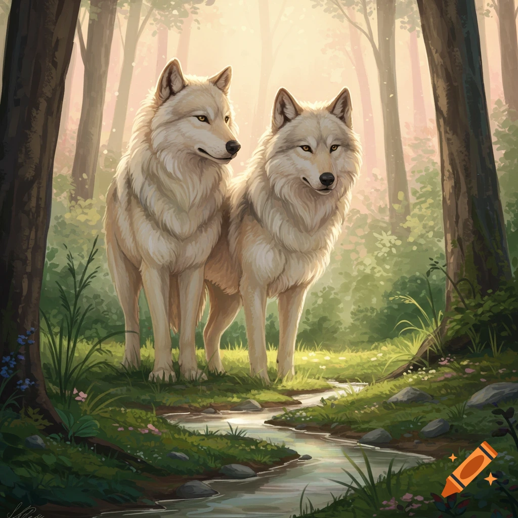 Two wolves stand in a forest by a stream.