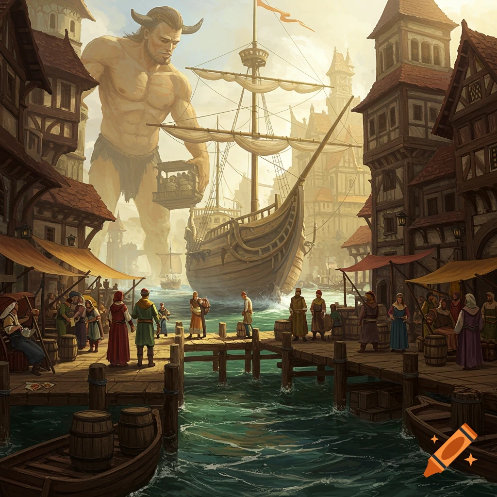 A giant person unloads a sailing ship in a busy medieval seaport. Painterly style.