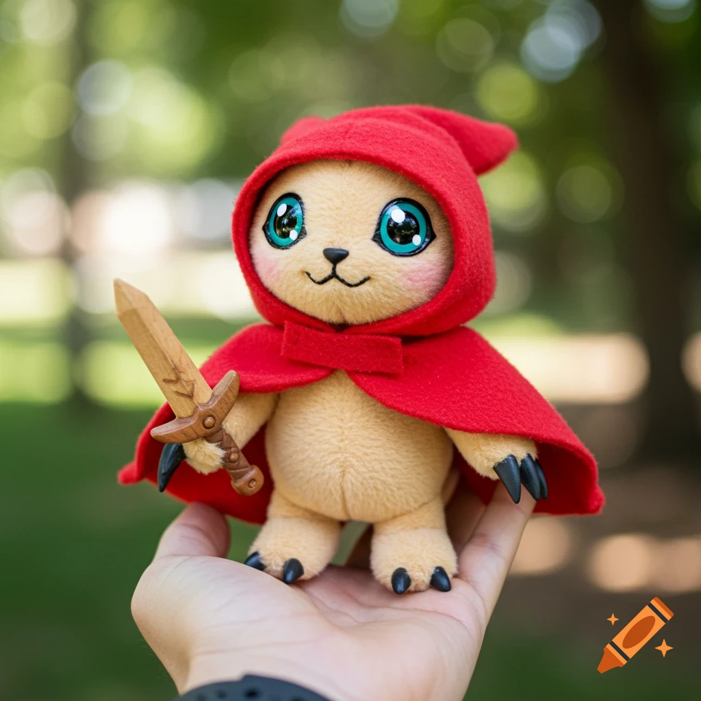 A plush Digimon toy in a red cloak holds a wooden sword while being held in a hand outdoors.
