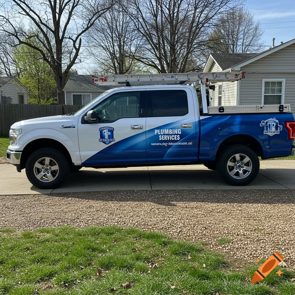 A white and blue plumbing service truck is parked on a driveway.