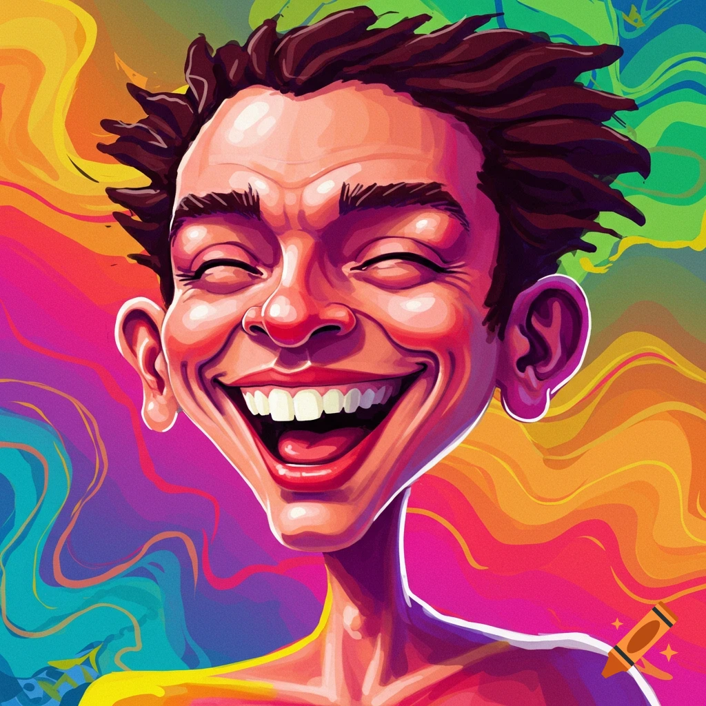 A distorted caricature of a happy man with a wide grin.