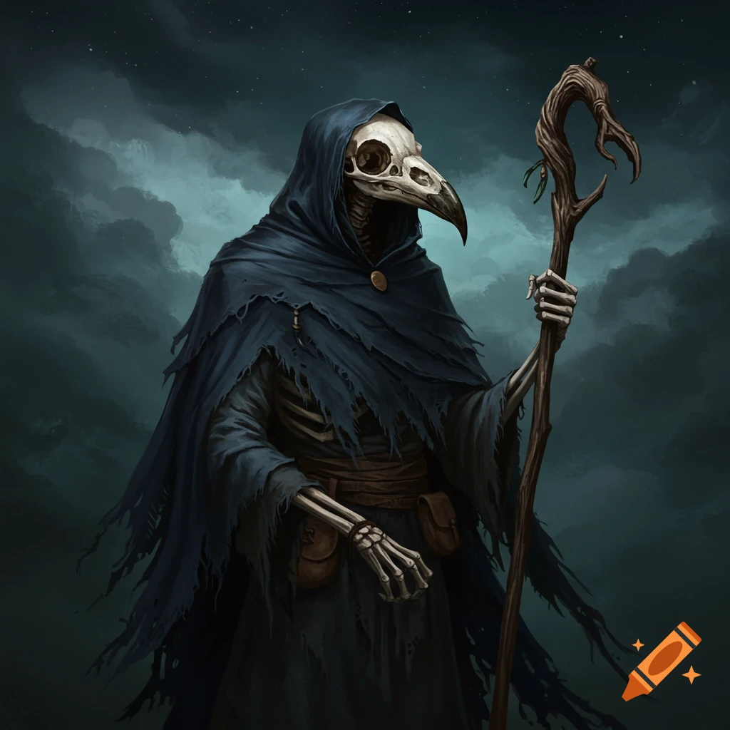 A skeletal figure with a bird skull head, wearing a dark cloak and holding a staff.