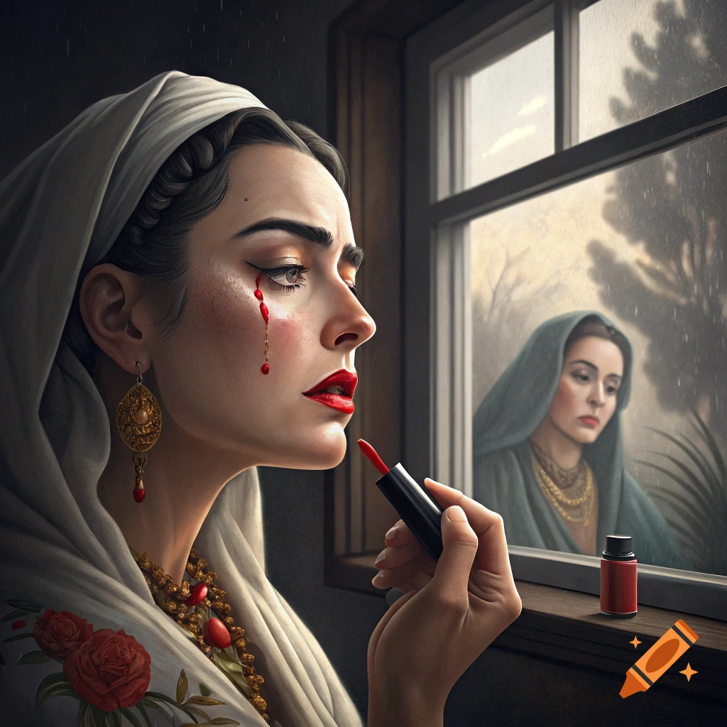 Dramatic portrait of a woman crying red tears while applying red lipstick, with another woman looking through a window.