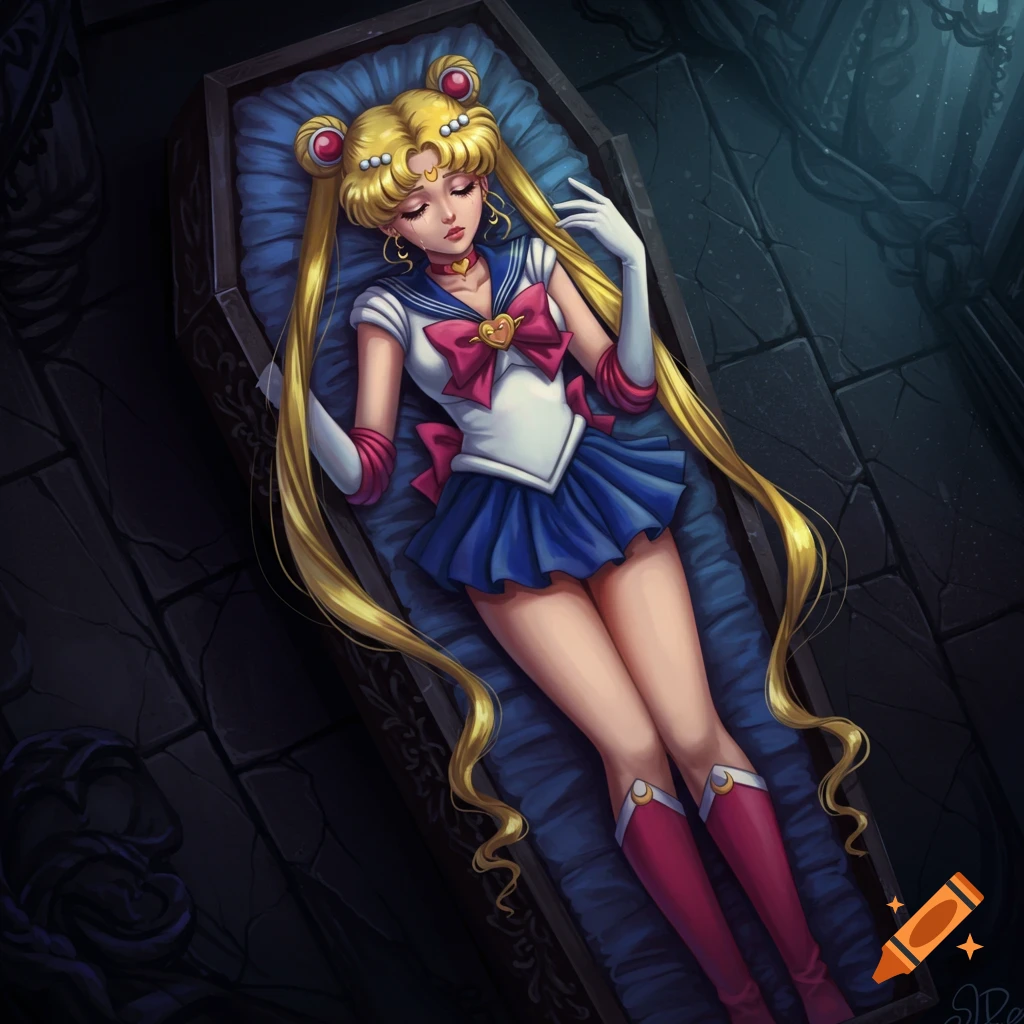 Sailor Moon lies in a dark coffin.