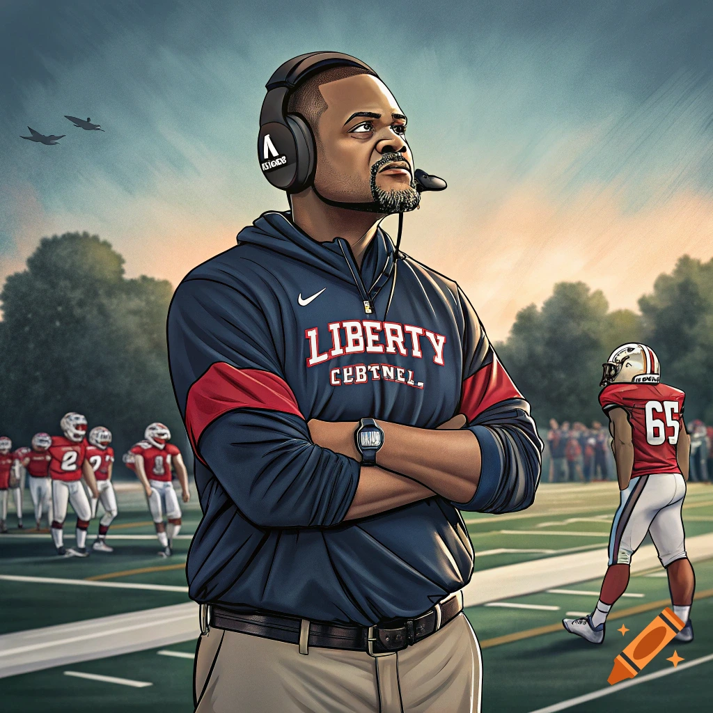 Illustration of a football coach with arms crossed on a field, with players behind him