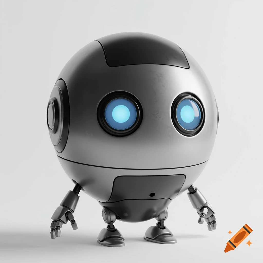 A small, spherical silver and black robot with glowing blue eyes stands against a white background.