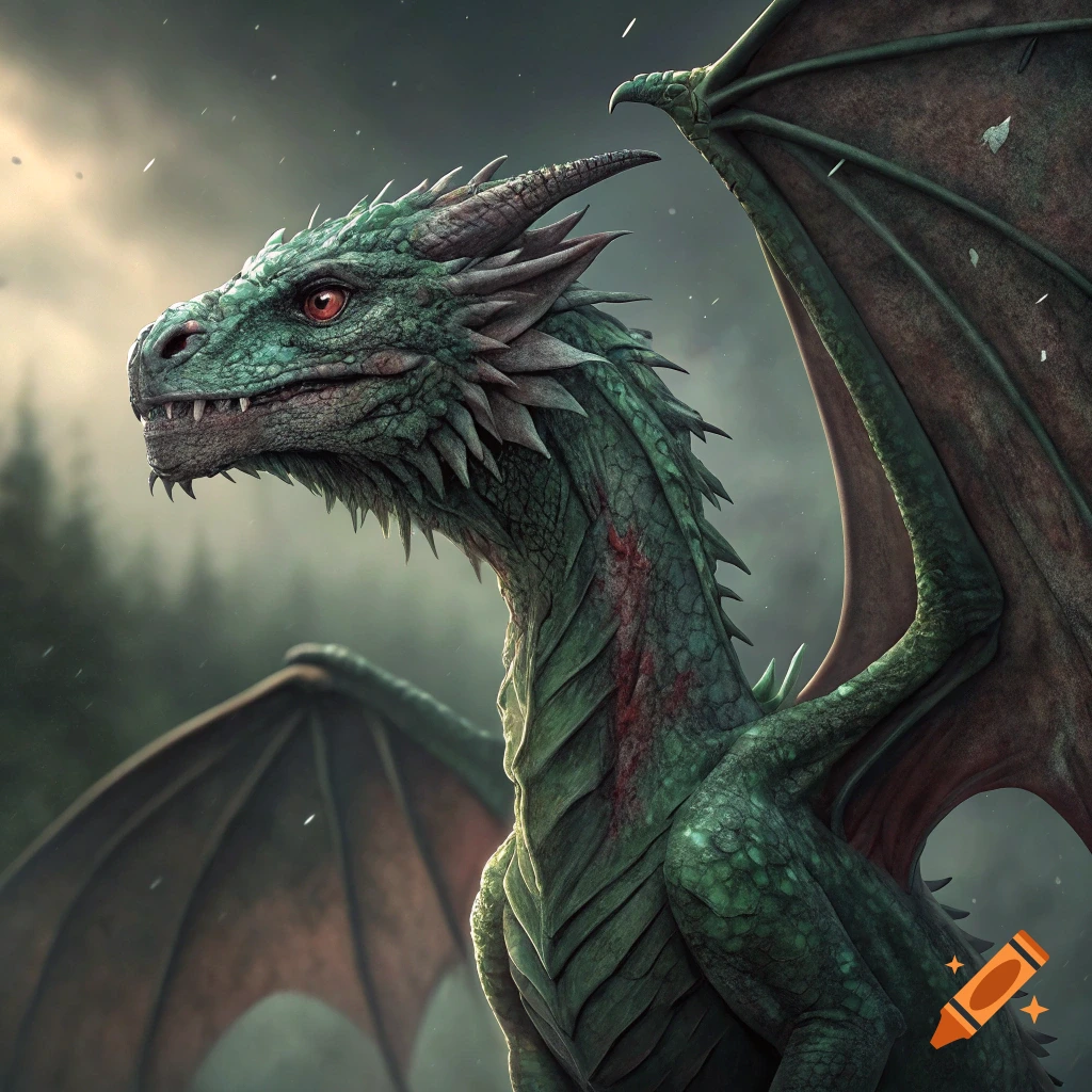 Realistic green dragon with red eyes and red markings