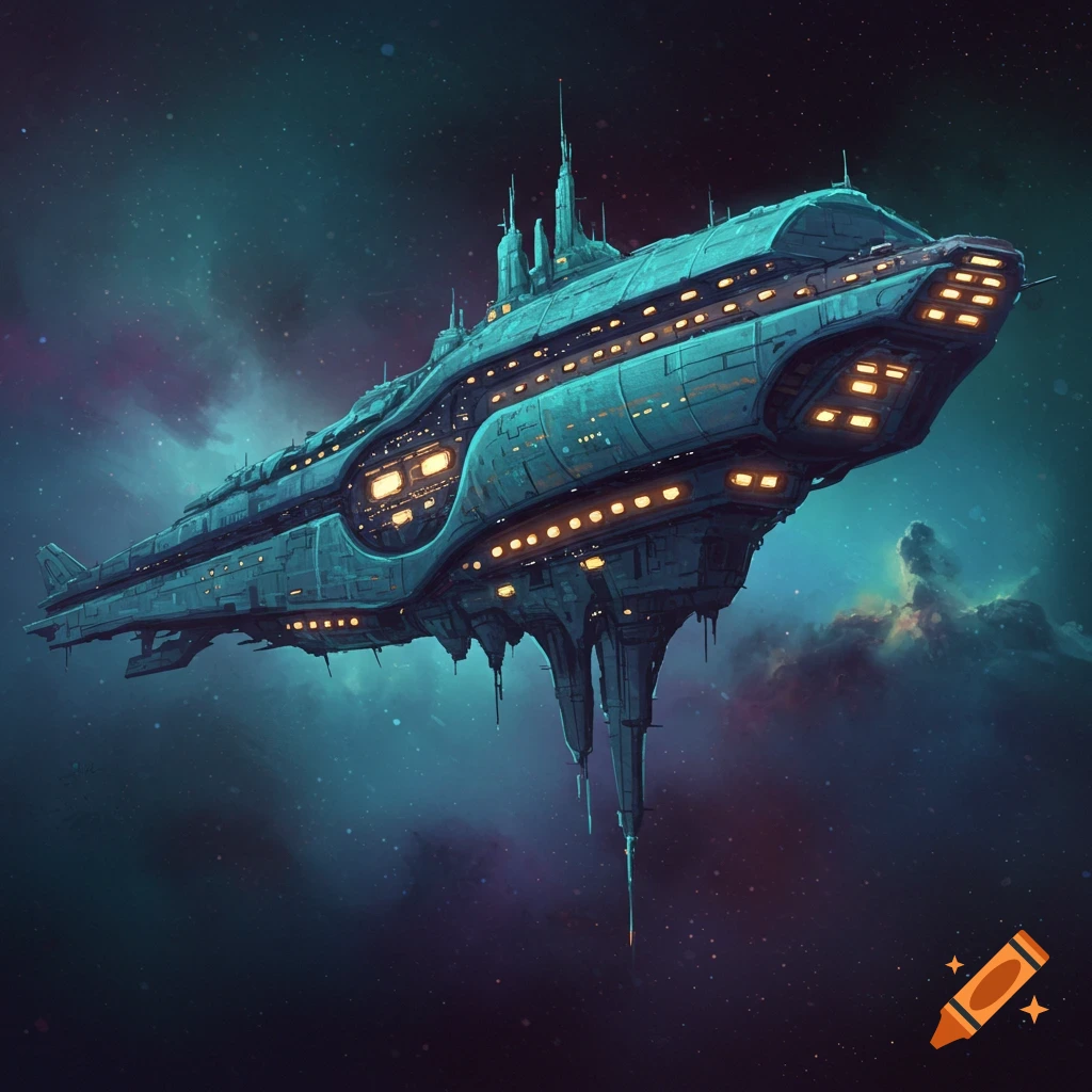 A large, detailed sci-fi spaceship floats in space against a nebulous background of stars and clouds.