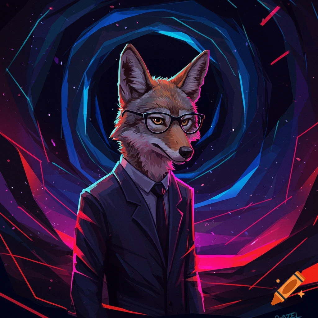 A coyote in a suit and glasses against a dark abstract background with glowing lines.