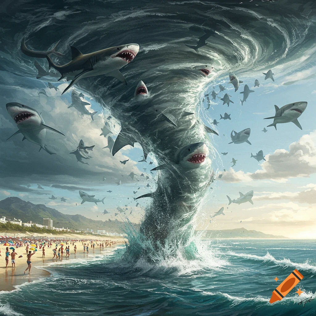 A tornado of sharks over a beach with people.