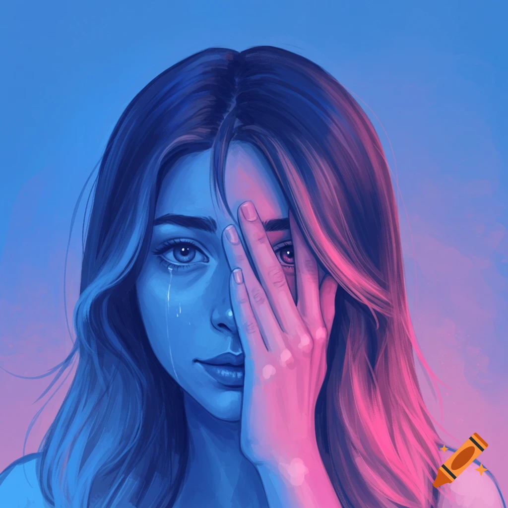 A woman's face with tears is half covered by her hand, lit with blue and pink light.