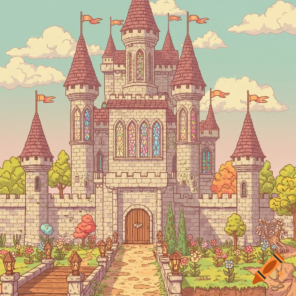 A pixel art fantasy castle with flags, surrounded by flowers and trees under a cloudy sky.