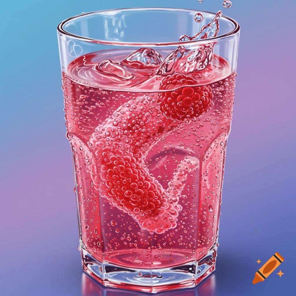 A glass of pink sparkling water with ice and raspberries.