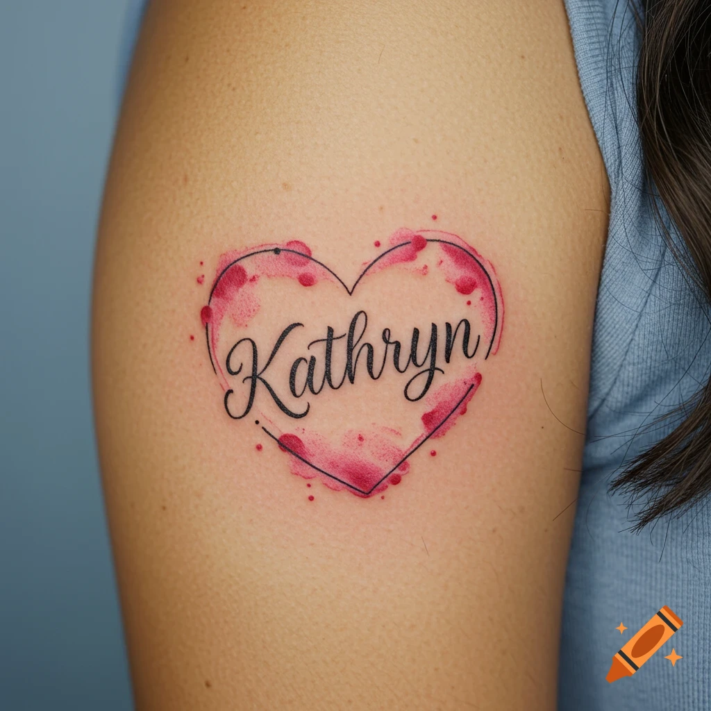 Heart tattoo with the name Kathryn and red watercolor style on an arm