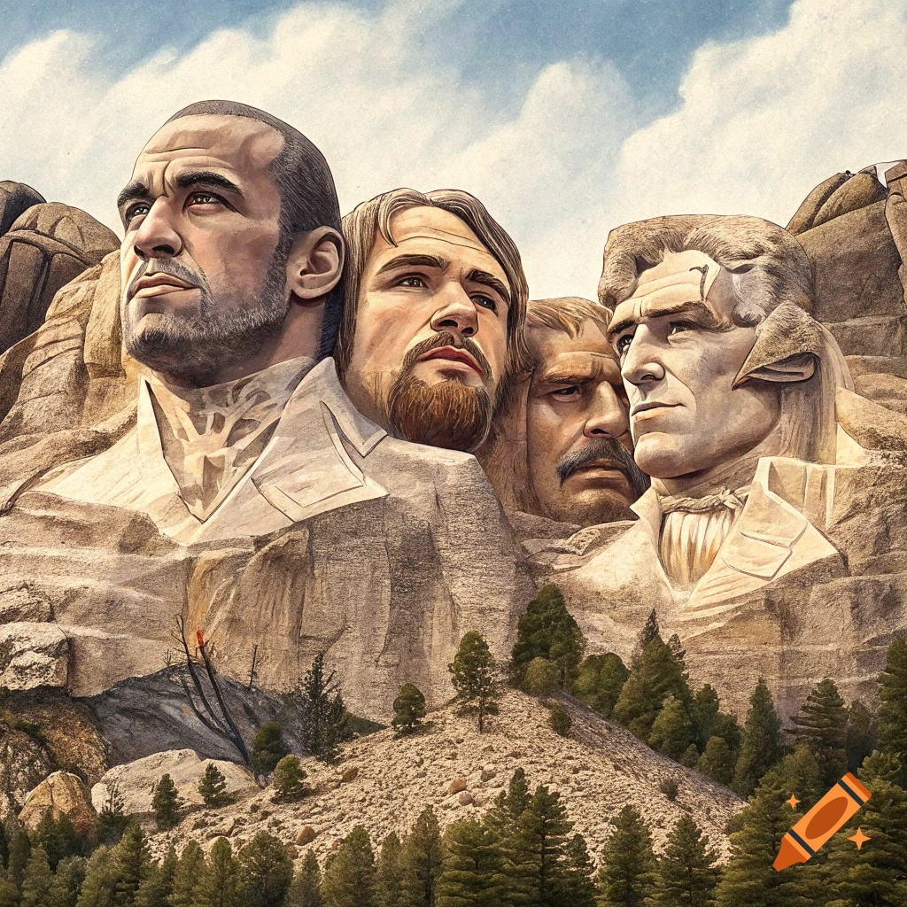 Four faces are carved into a mountain, styled like Mount Rushmore, in an illustration.