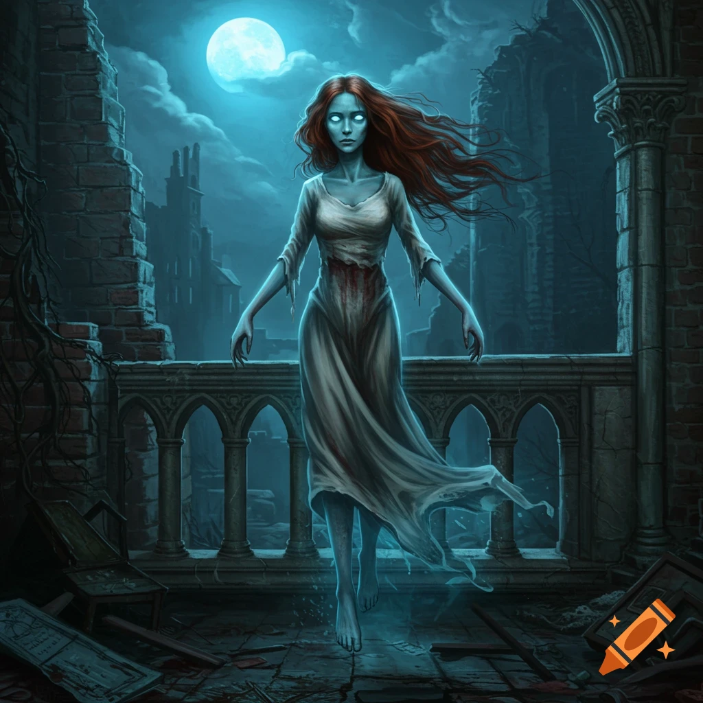 A ghostly woman with red hair and a bloody white dress stands on a ruined balcony under a bright moon.
