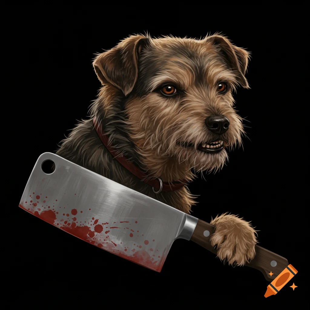 A brown dog holding a bloody meat cleaver