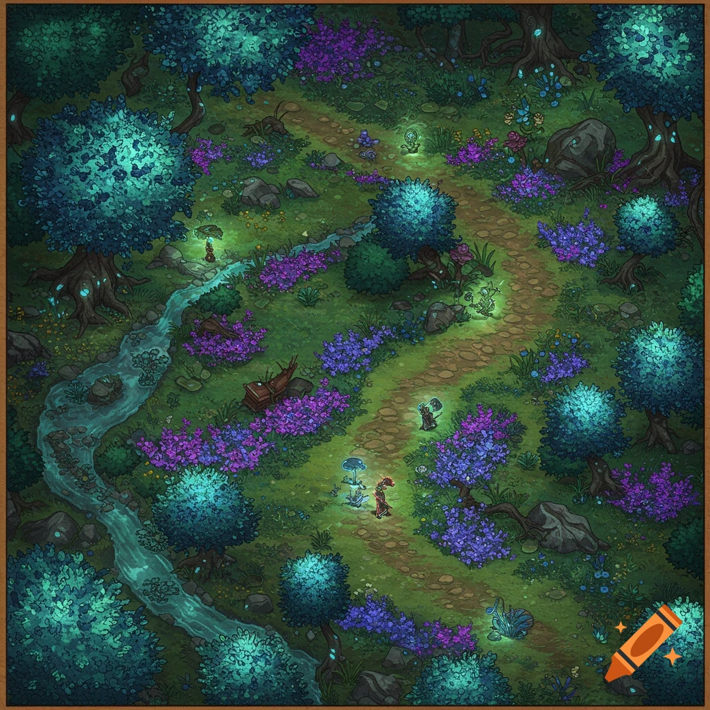 Top down fantasy battlemap of a forest with a path, stream, glowing trees, and purple flowers.