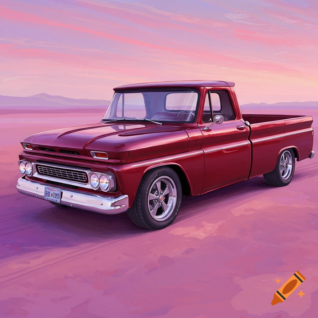 A red classic C10 pickup truck in a pink and purple desert landscape.
