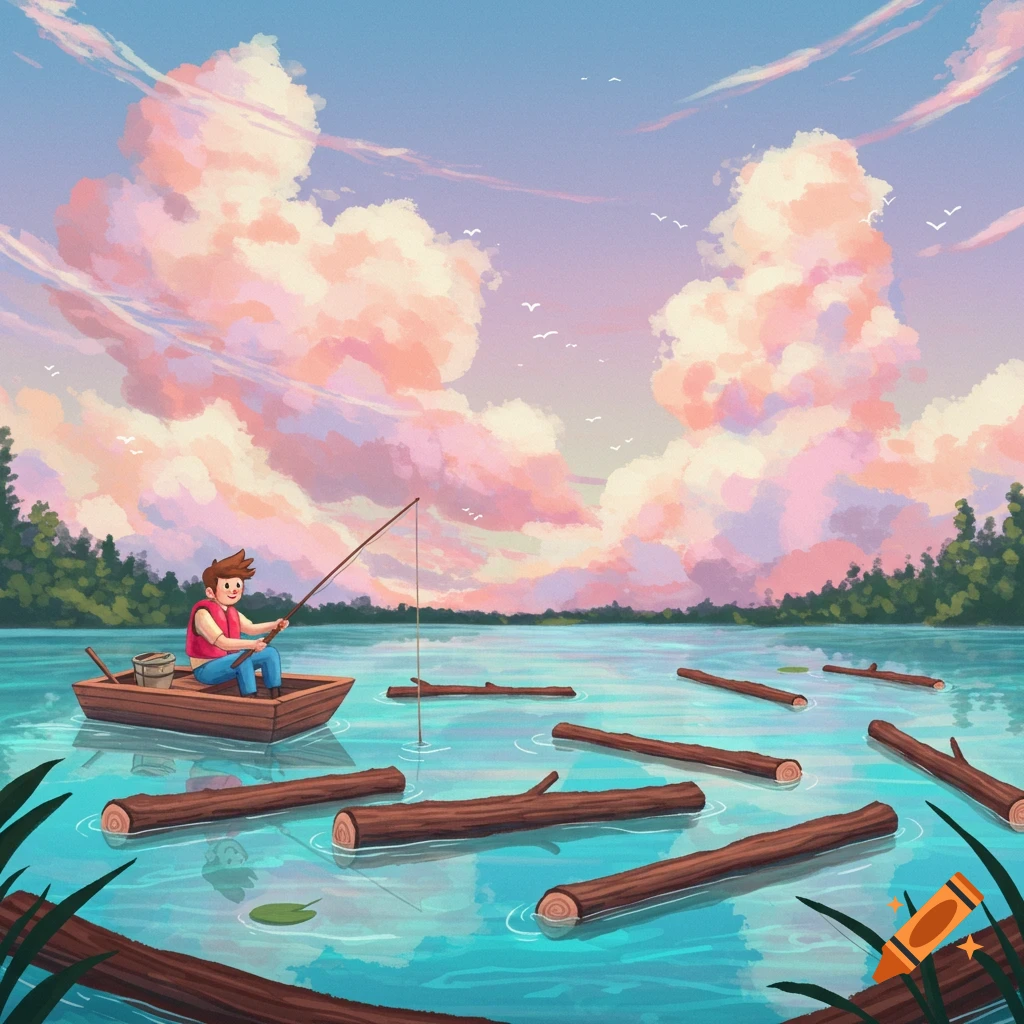 Illustration of a person in a boat fishing for logs on a lake under a colorful sky.