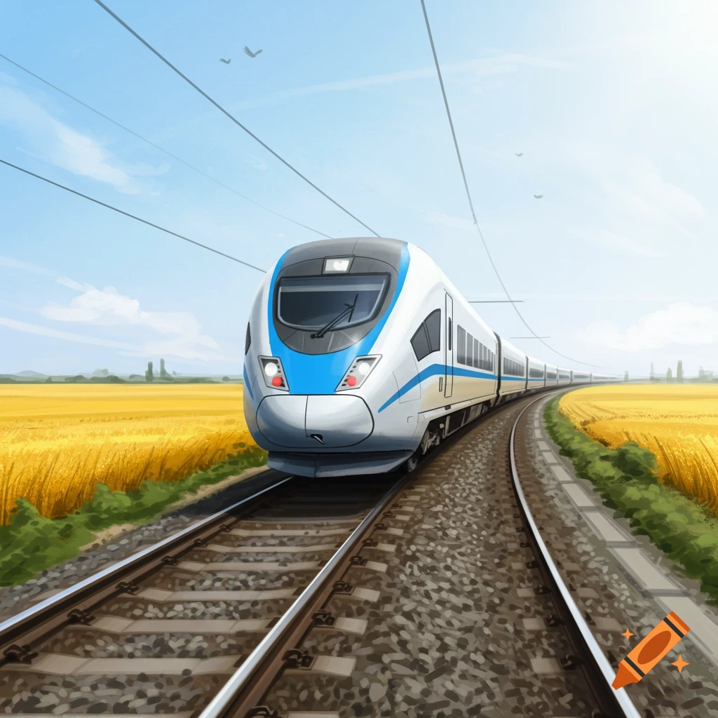 A high-speed train on tracks in a golden field.