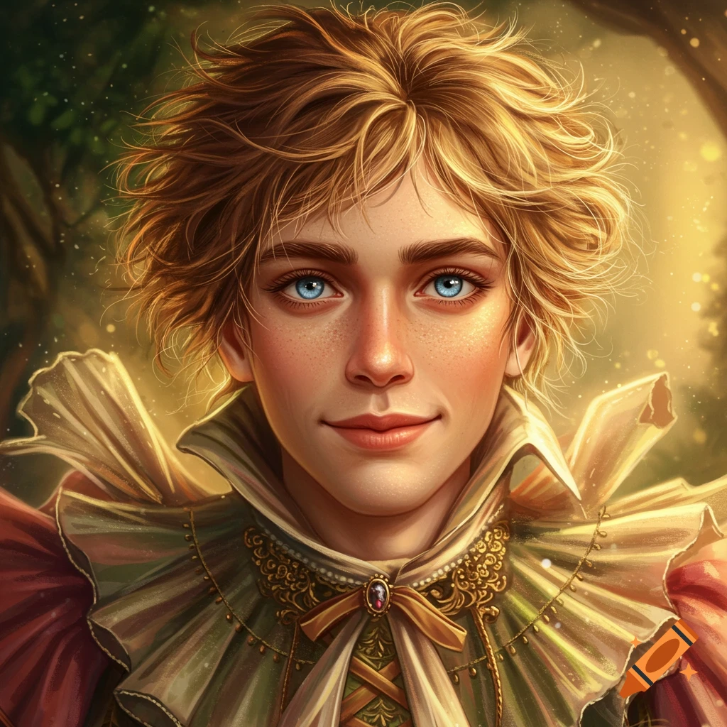 Detailed illustration of a fantasy character with blue eyes, messy blond hair, and an ornate ruffled collar.