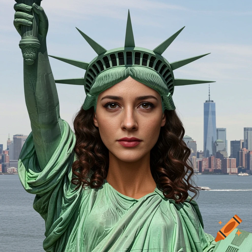 A woman dressed as the Statue of Liberty, with human face and hair, stands in front of the New York City skyline.