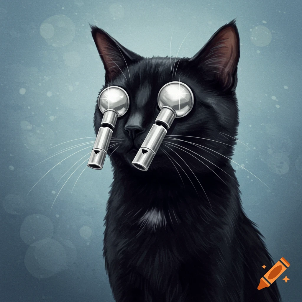 a black cat with shiny chrome whistles for eyes.