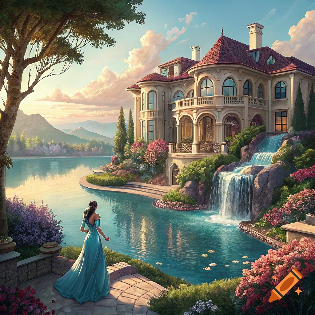 A woman in a blue dress stands by a lake looking at a large fantasy mansion with a waterfall and gardens.