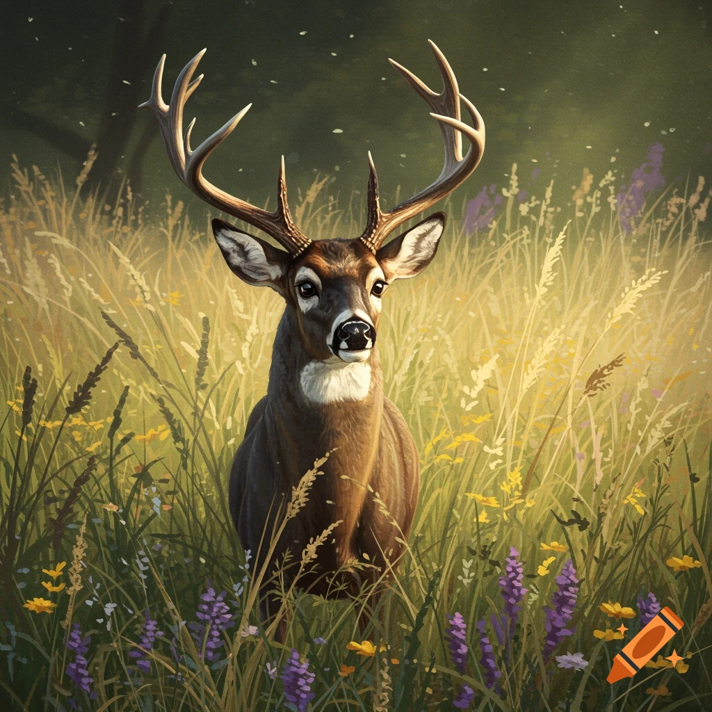 A male deer with antlers stands in tall grass and wildflowers.