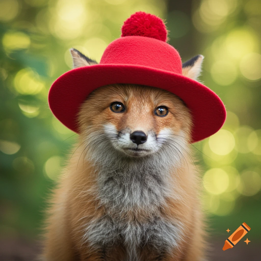 A cute fox wearing a red hat with a pompom.