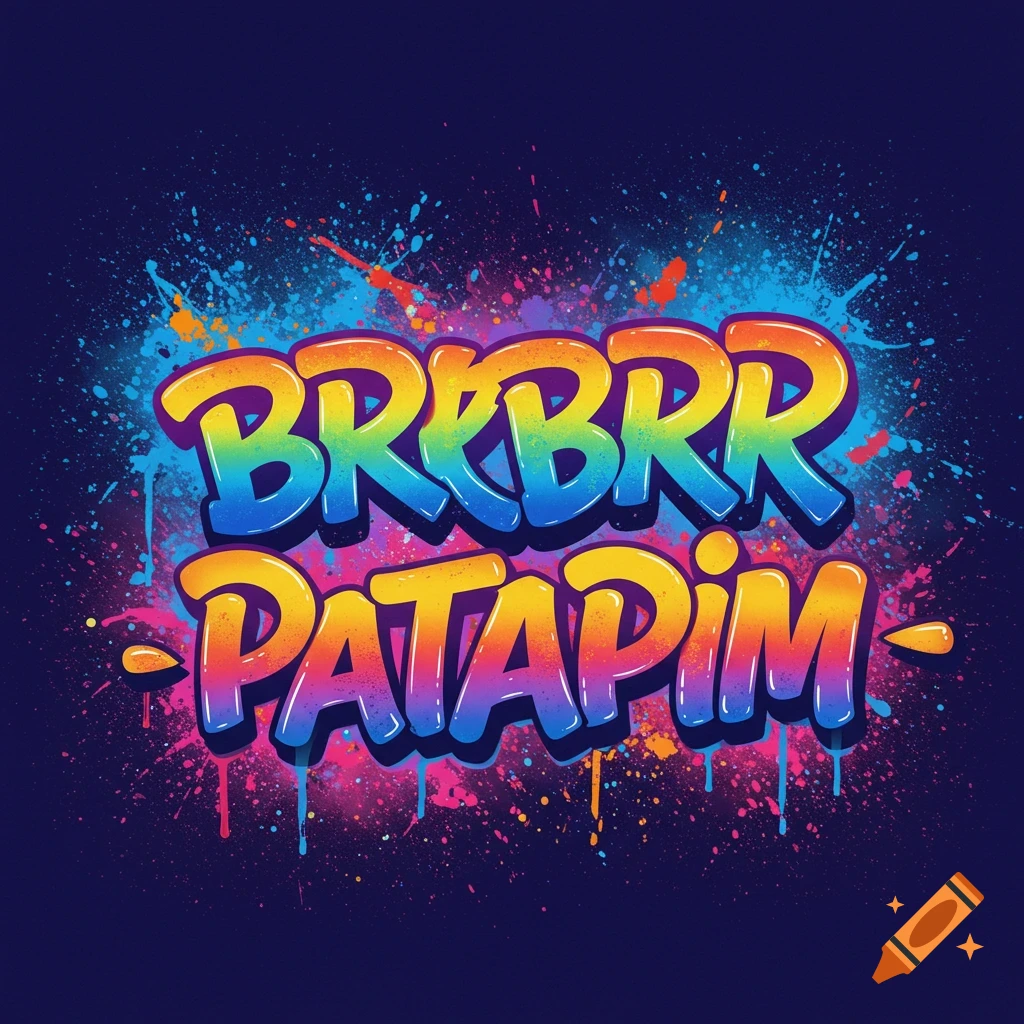 Colorful graffiti-style text 'BRRBRR PATAPIM' with paint splatters on a dark background.