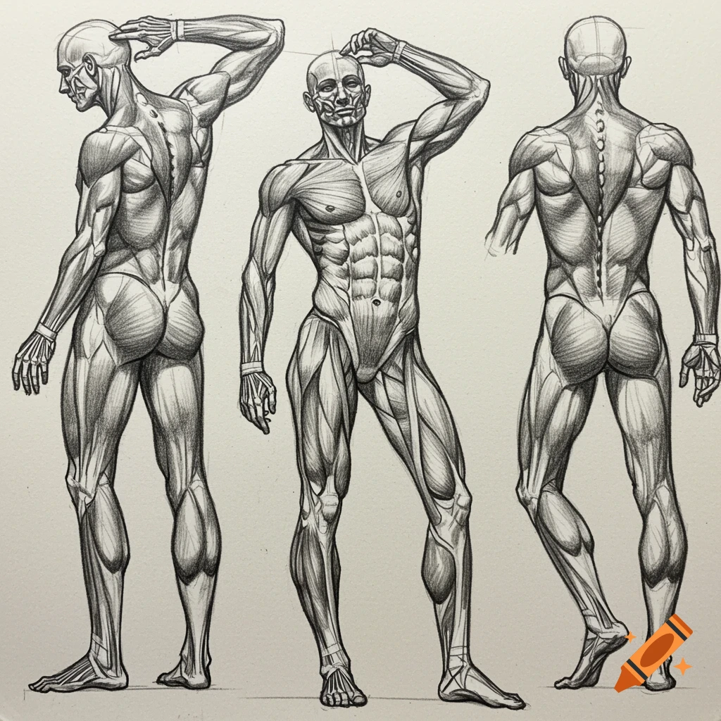 Pencil drawing of a male body showing musculature from back, front, and back views.