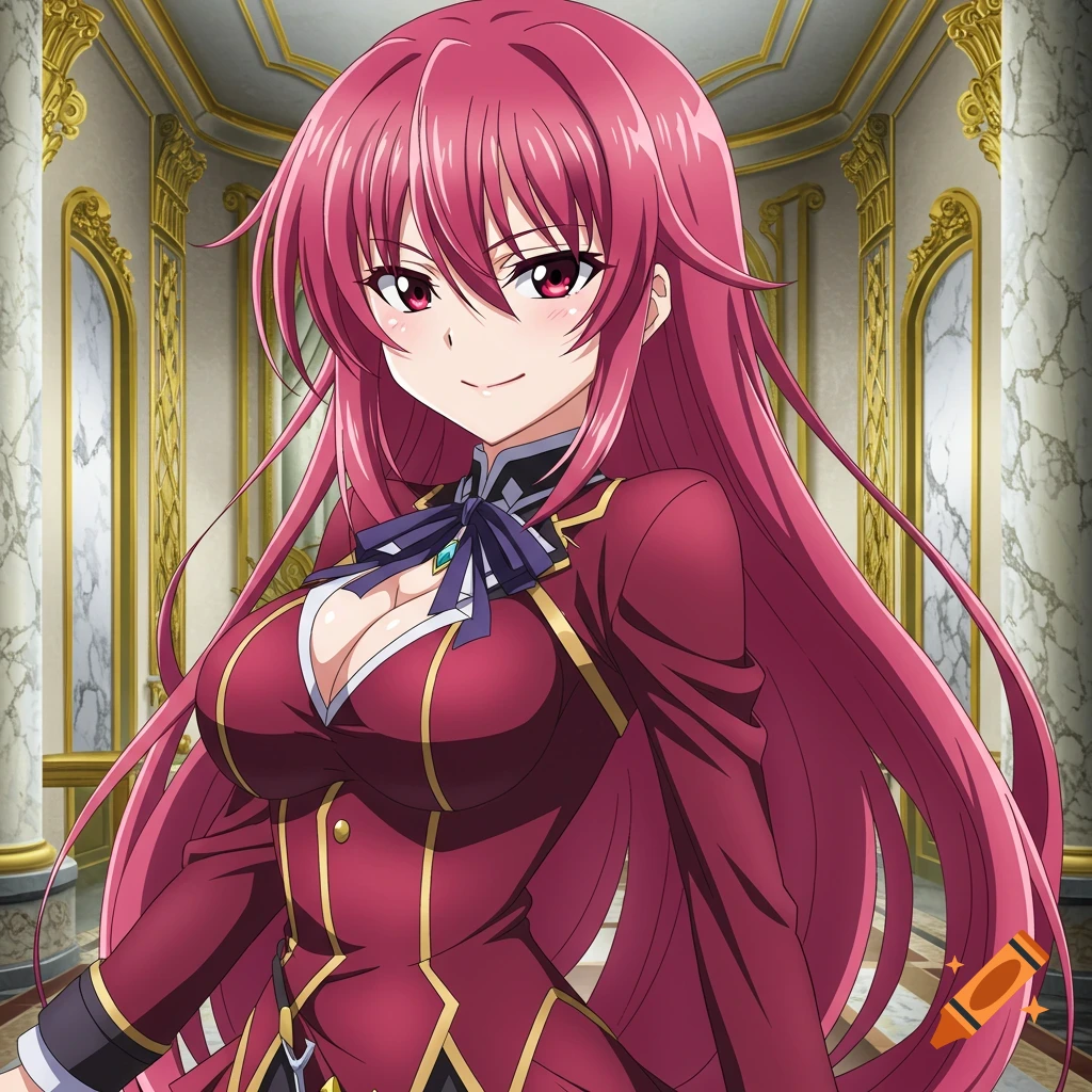 Anime portrait of a woman with long pink hair in a red uniform in a hallway.
