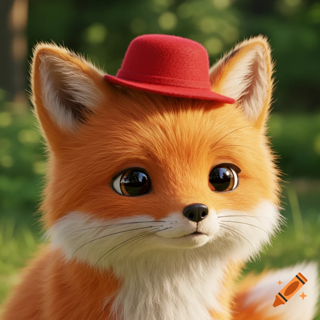 A fluffy cute fox wearing a red hat in a forest setting.